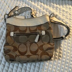Coach Signature C Tan Brown Fun Shoulder Bag Purse Silver Summer Small Leather